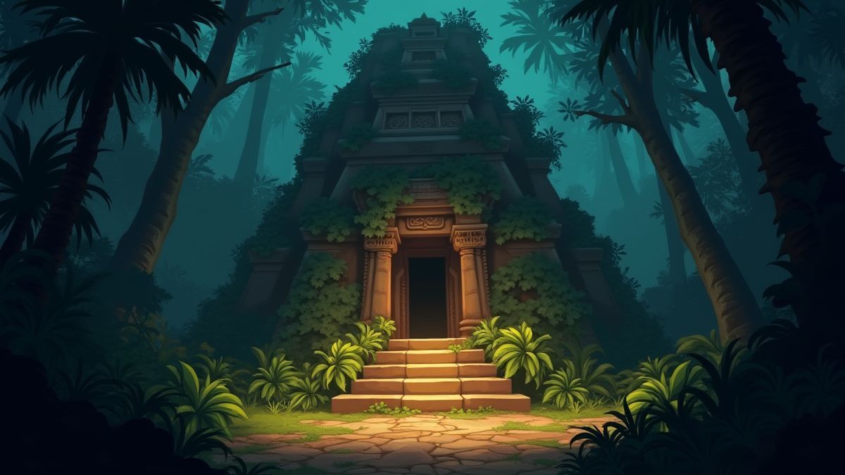 Templo na selva cercado por tesouros brilhantes.