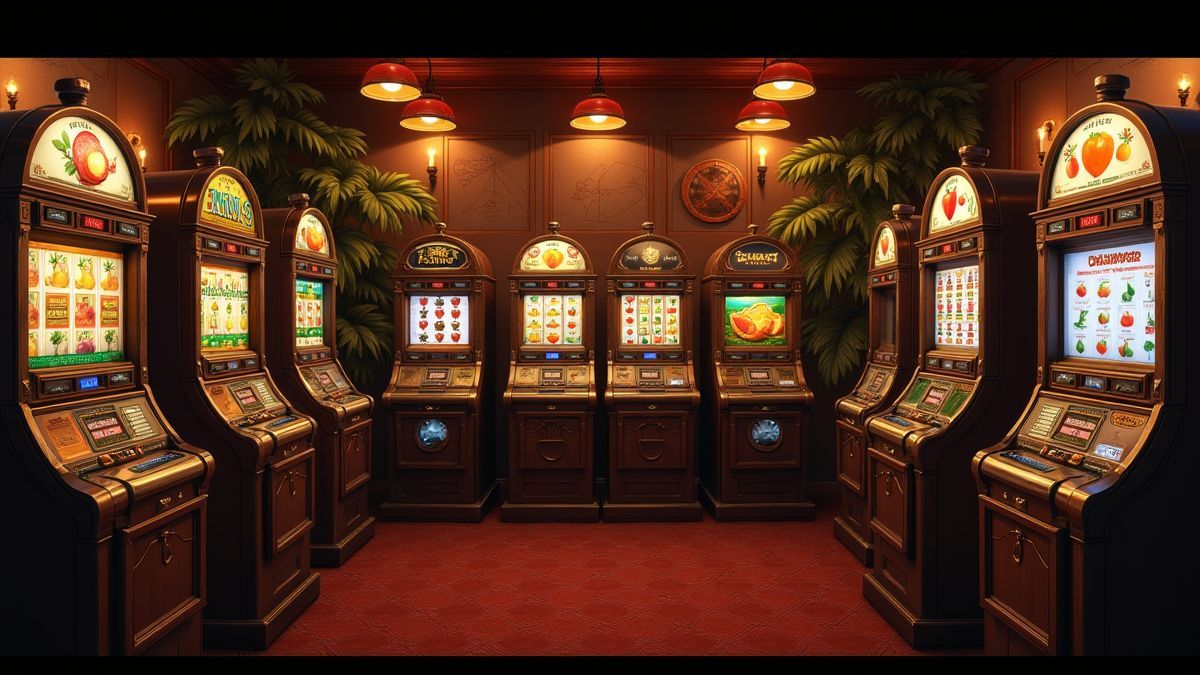 Sala de juegos acogedora con máquinas tragamonedas vintage.