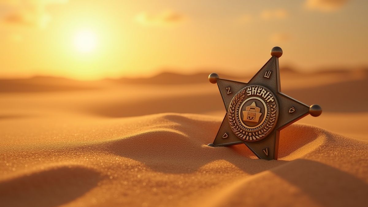 Sheriff badge on desert sand.