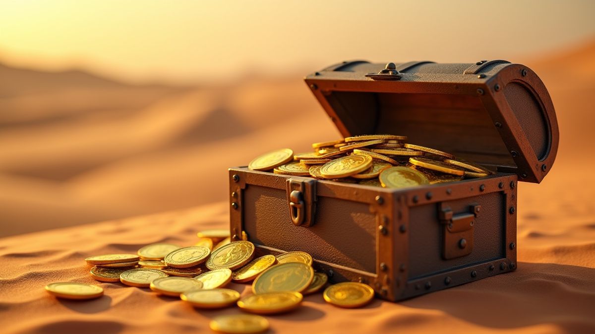 Treasure chest in the desert filled with golden coins.