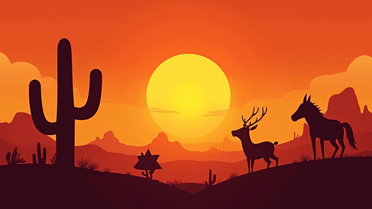 Desert sunset with animals and a sheriff badge.