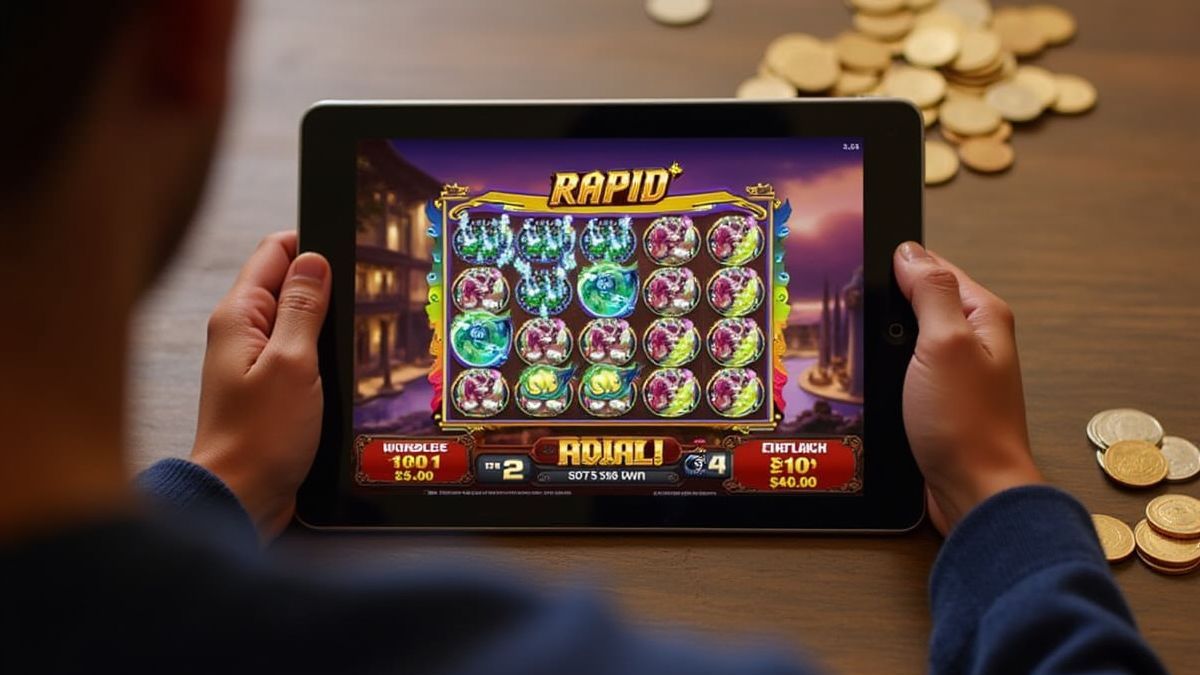 Spieler genießt Rapid Reels auf einem Tablet, umgeben von Münzen.