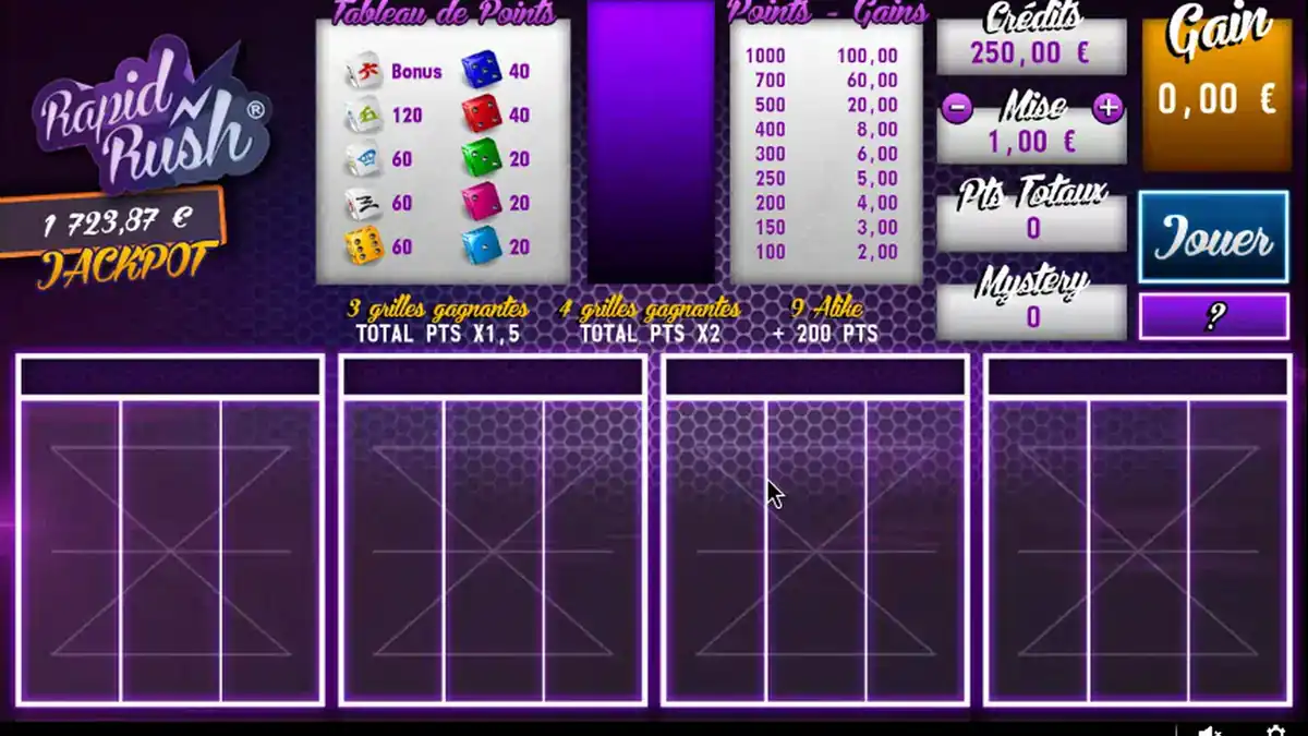 Pantalla del juego base de Rapid Rush con cuatro cuadrículas