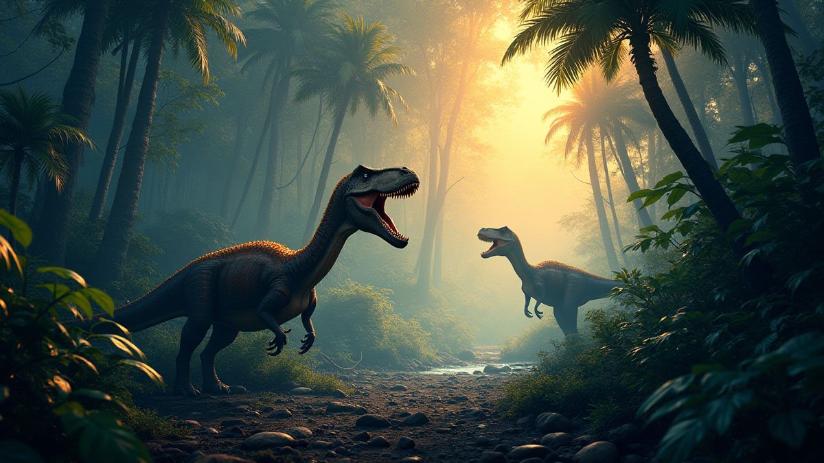Un bosque prehistórico brillante con plantas gigantes y dinosaurios.