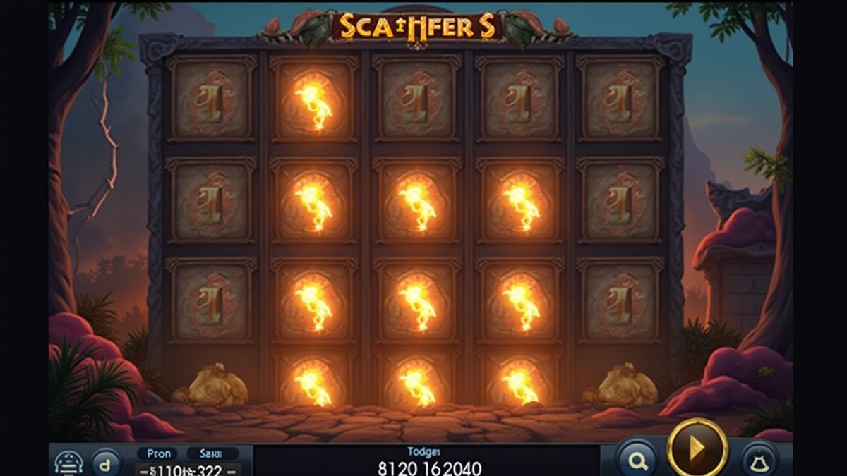 Símbolos Scatter brillantes en un entorno de slot con temática de dinosaurios.