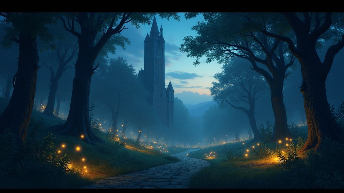 Forêt magique avec lucioles et une tour au crépuscule.