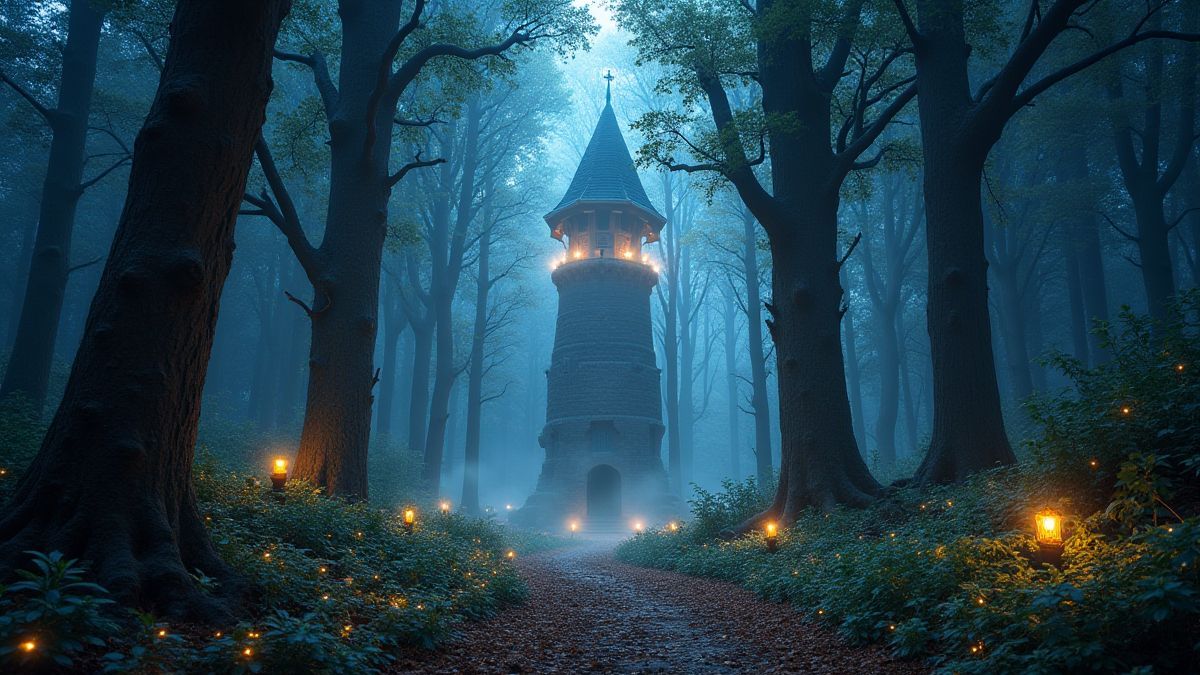 Ein magischer Wald mit funkenden Lichtern und einem mittelalterlichen Turm in der Mitte.