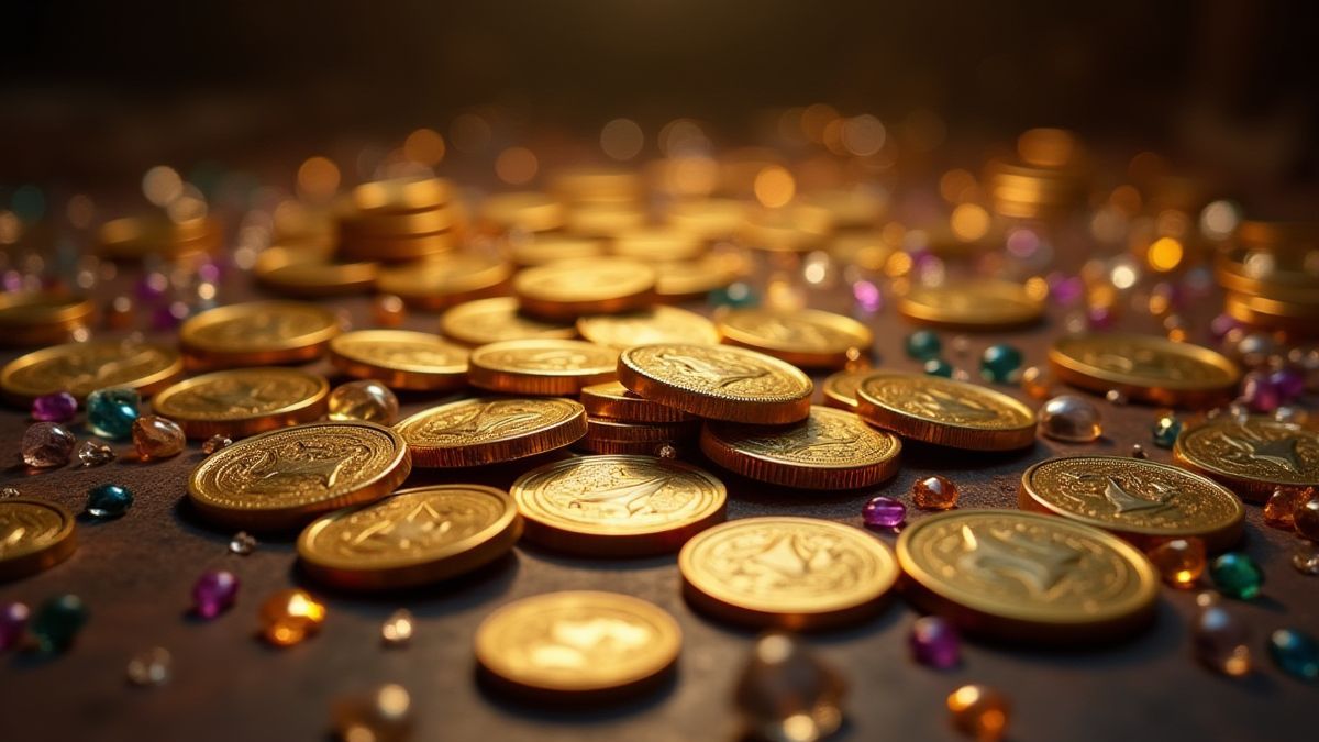 Goldmünzen und funkende Juwelen auf einem mittelalterlichen Tisch.