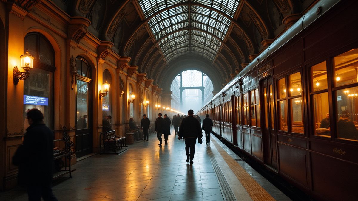 Une station de train vintage avec des passagers montant.