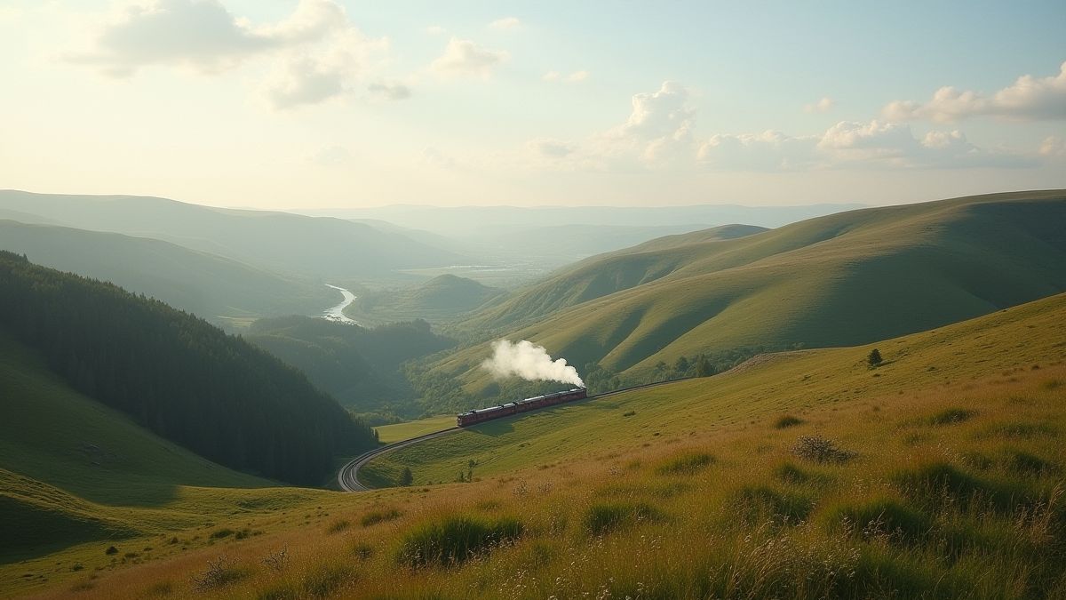 Vue de collines avec un train à vapeur au loin.