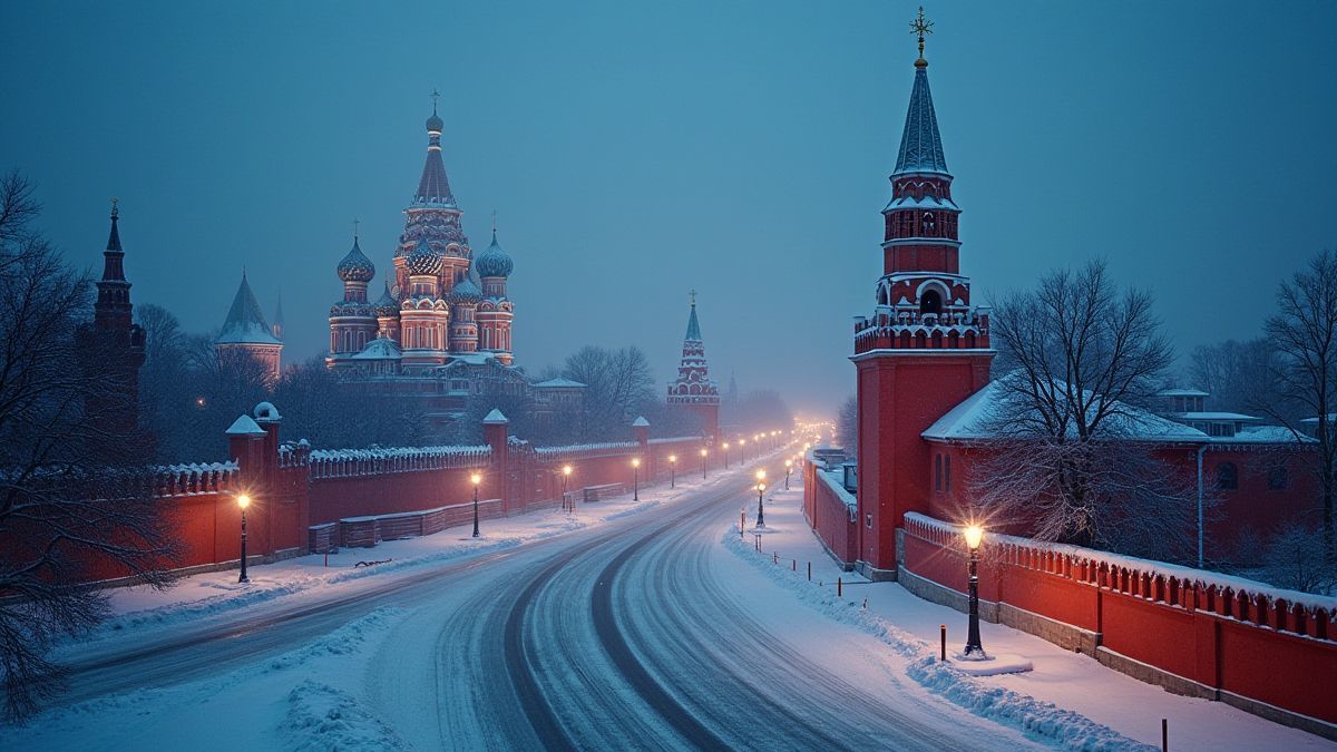 Verschneite Landschaft von Moskau mit traditioneller russischer Architektur und magischen Lichtern.