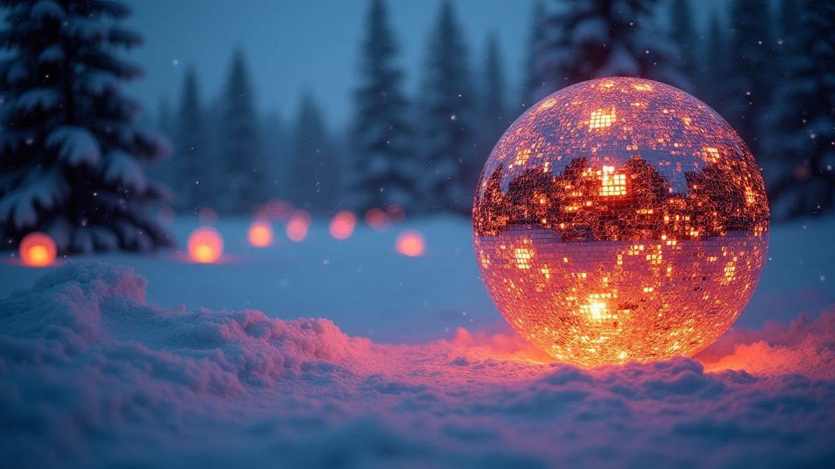 Leuchtende Discokugeln in einer magischen russischen Umgebung mit Schnee.