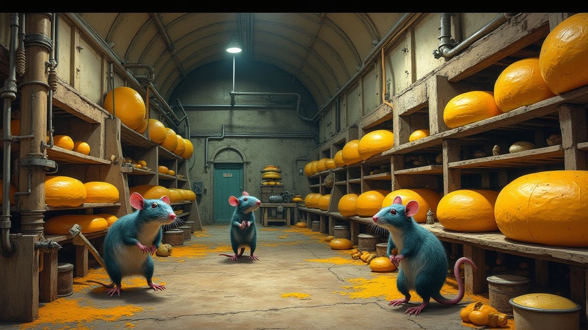 Fábrica de queijo subterrânea animada com ratas trabalhando em máquinas.