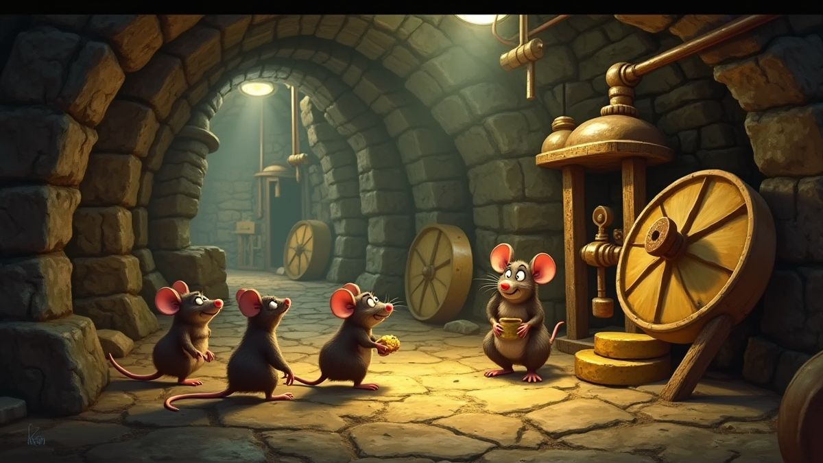 Ratas animadas interagindo com máquinas e rodas de queijo.