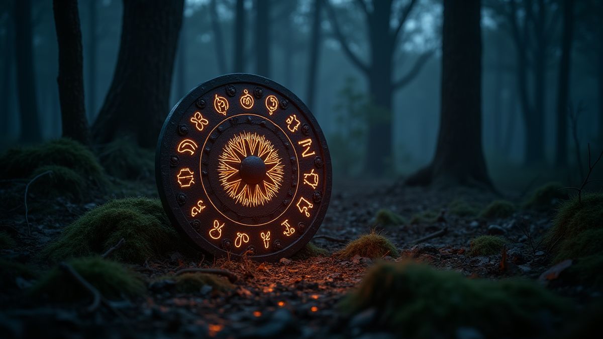 Um escudo viking com runas nórdicas brilhando em uma floresta escura.