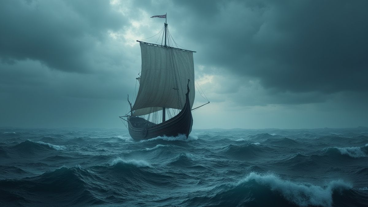 Viking ship sailing in a stormy sea under a cloudy sky.