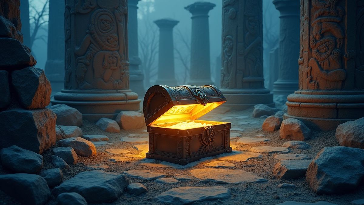 Glowing treasure chest surrounded by Nordic ruins with ancient carvings.