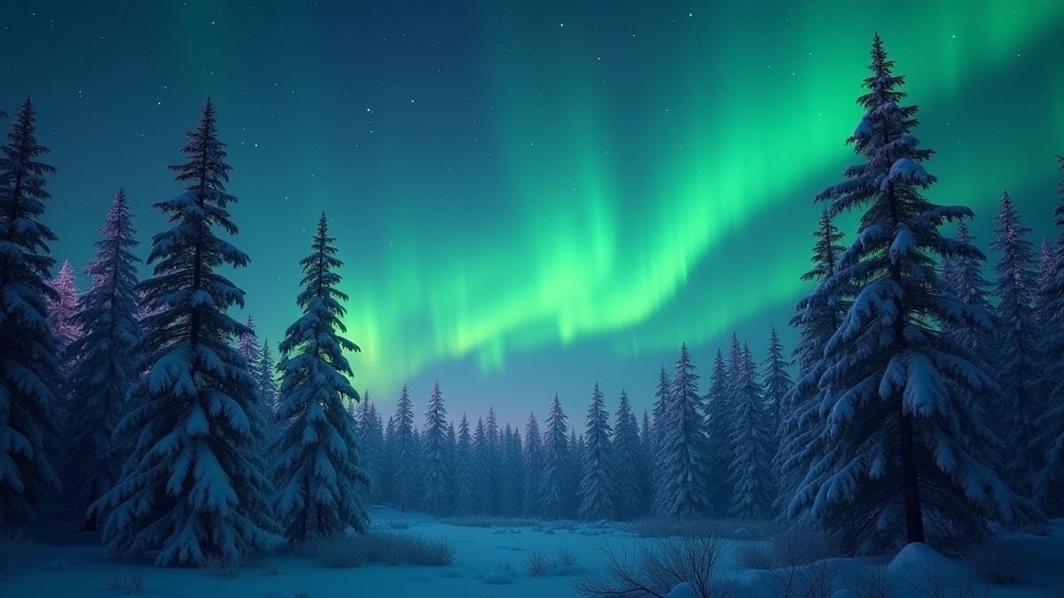 Nordic forest under the northern lights with green and purple lights.