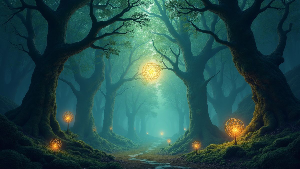 Bosque celta com elementos mágicos e orbes brilhantes.