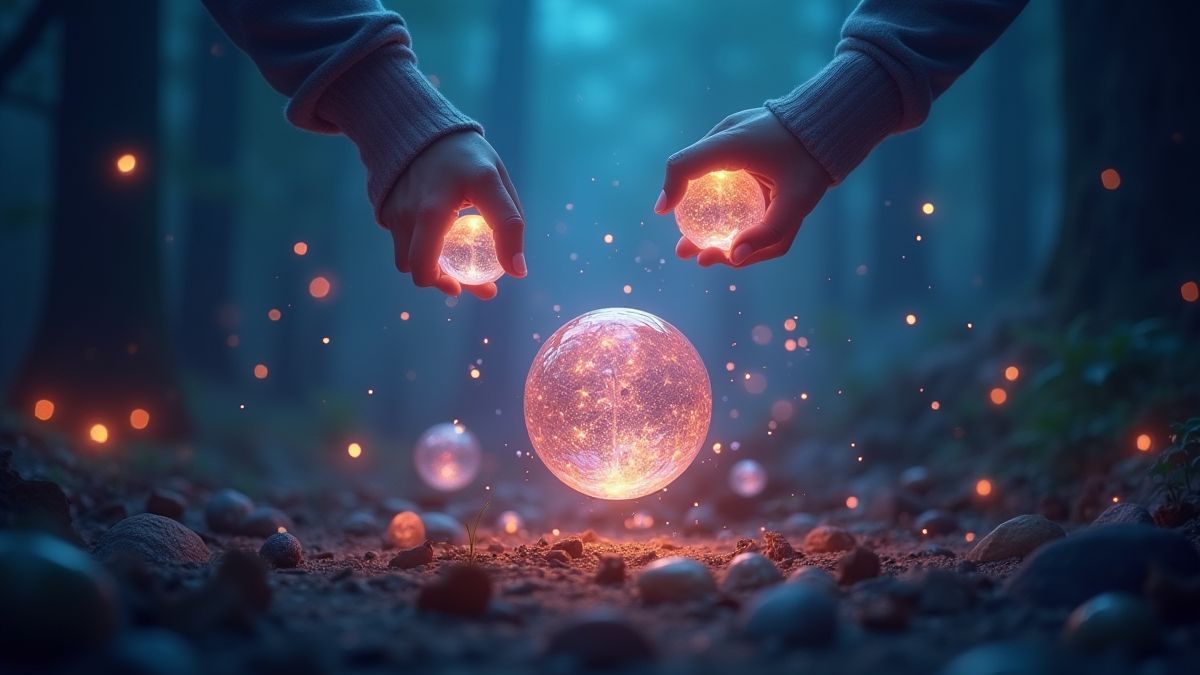 Orbes mágicos brilhantes sendo recoletados em um ambiente místico.