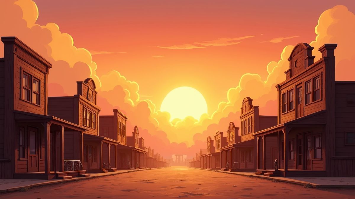 Imagen de un pueblo vaquero al atardecer.