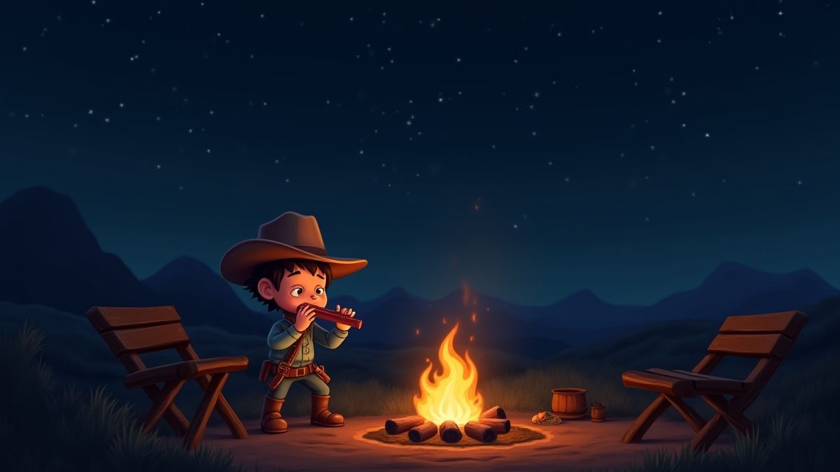 Imagen de un vaquero tocando la armónica bajo el cielo estrellado.