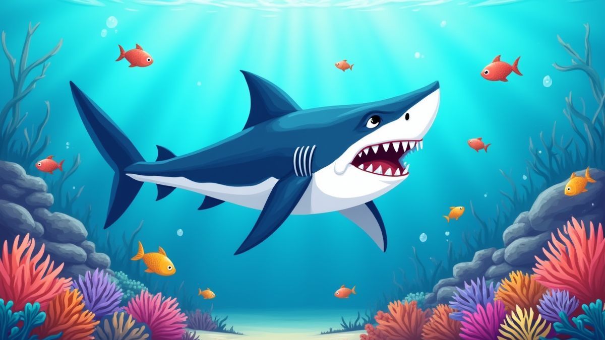 Requin blanc caricatural entouré de poissons et de corail