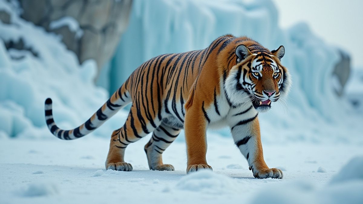 Um tigre dentes de sable em um paisagem gelada.