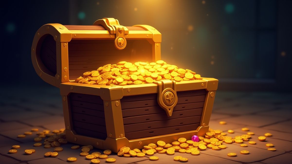 Un cofre del tesoro rebosante de monedas de oro y joyas bajo una luz resplandeciente.