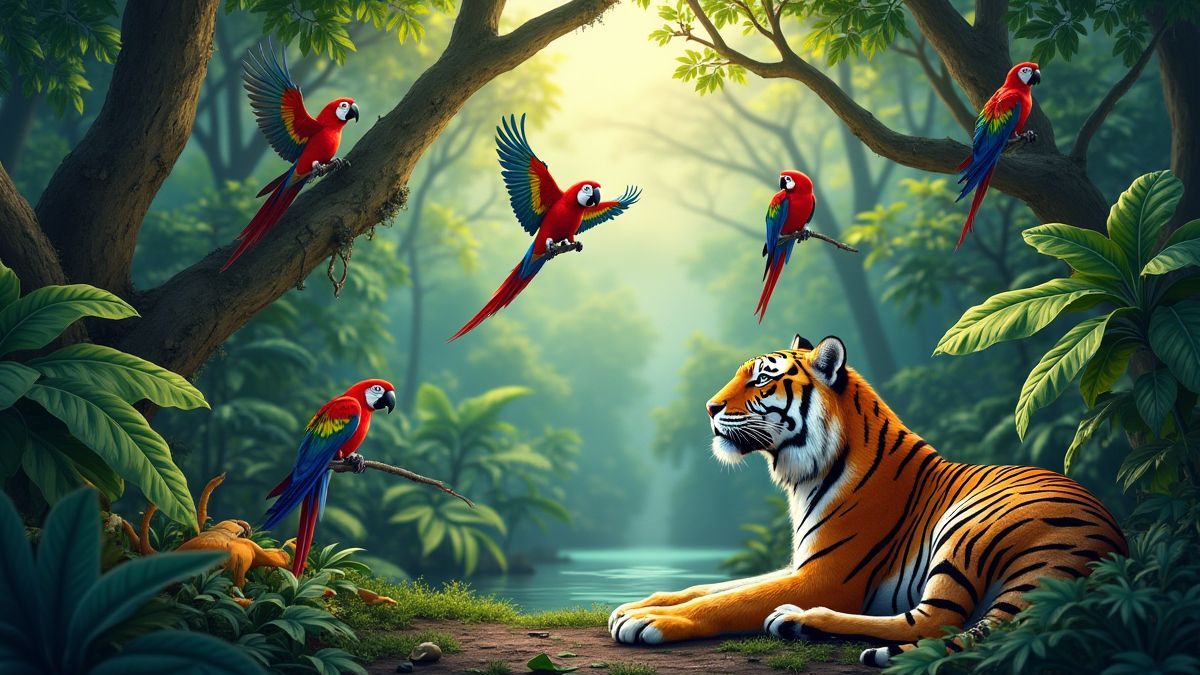 Szene eines lebhaften Dschungels mit fliegenden Papageien und einem ruhenden Tiger.