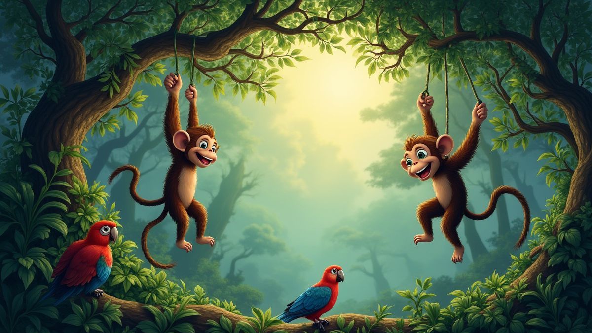 Dschungelszene mit Affen, die an Lianen schwingen, und bunten Vögeln, die auf Bäumen sitzen.