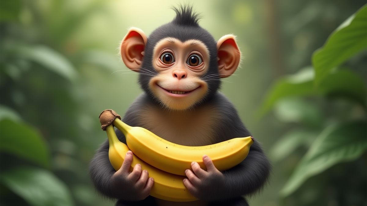 Ein Affe, der Bananen hält und in einer Dschungelumgebung lächelt.