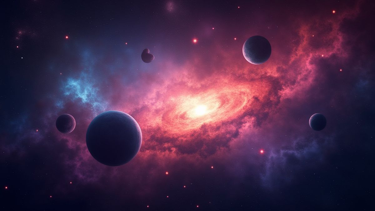 Una nebulosa brillante con estrellas y planetas en el fondo.