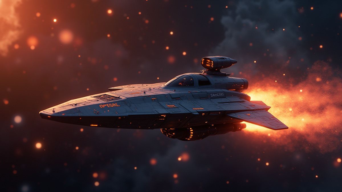 Una nave espacial futurista volando entre campos de estrellas brillantes.