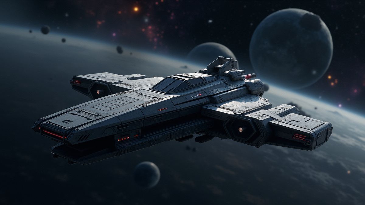 Nave espacial futurista en el espacio profundo rodeada de planetas y estrellas.