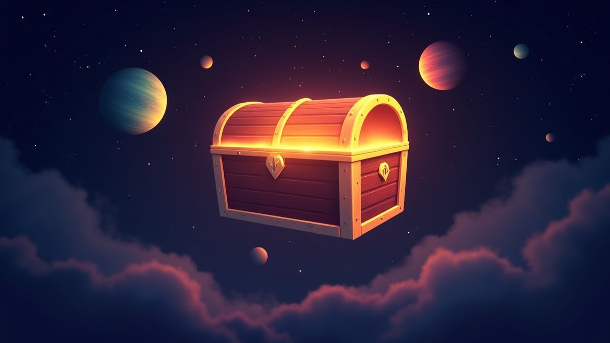 Cofre del tesoro brillando en el espacio rodeado de estrellas y planetas.
