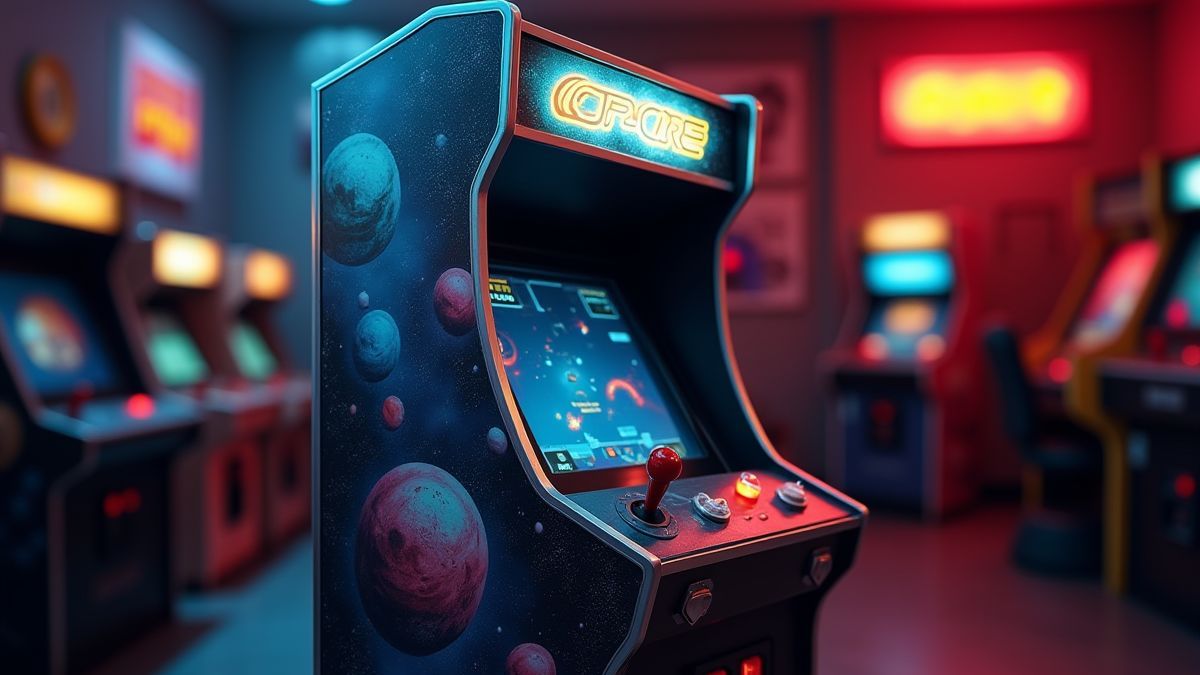 Máquina recreativa retro con diseño espacial en una sala de juegos.