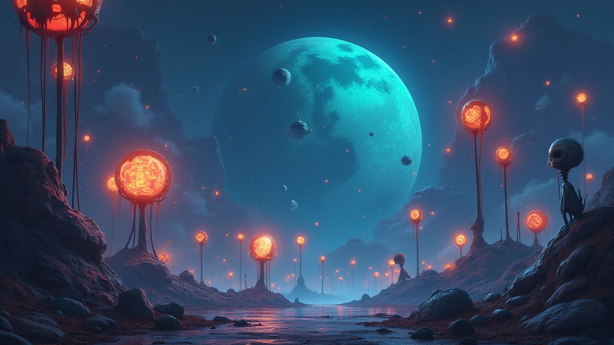 Um mundo alienígena futurista com criaturas únicas e símbolos brilhantes.