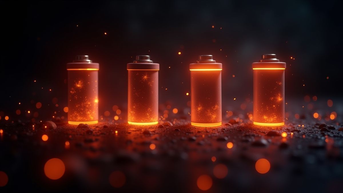 Leuchtende Batteriesymbole in einer Sci-Fi-Umgebung.