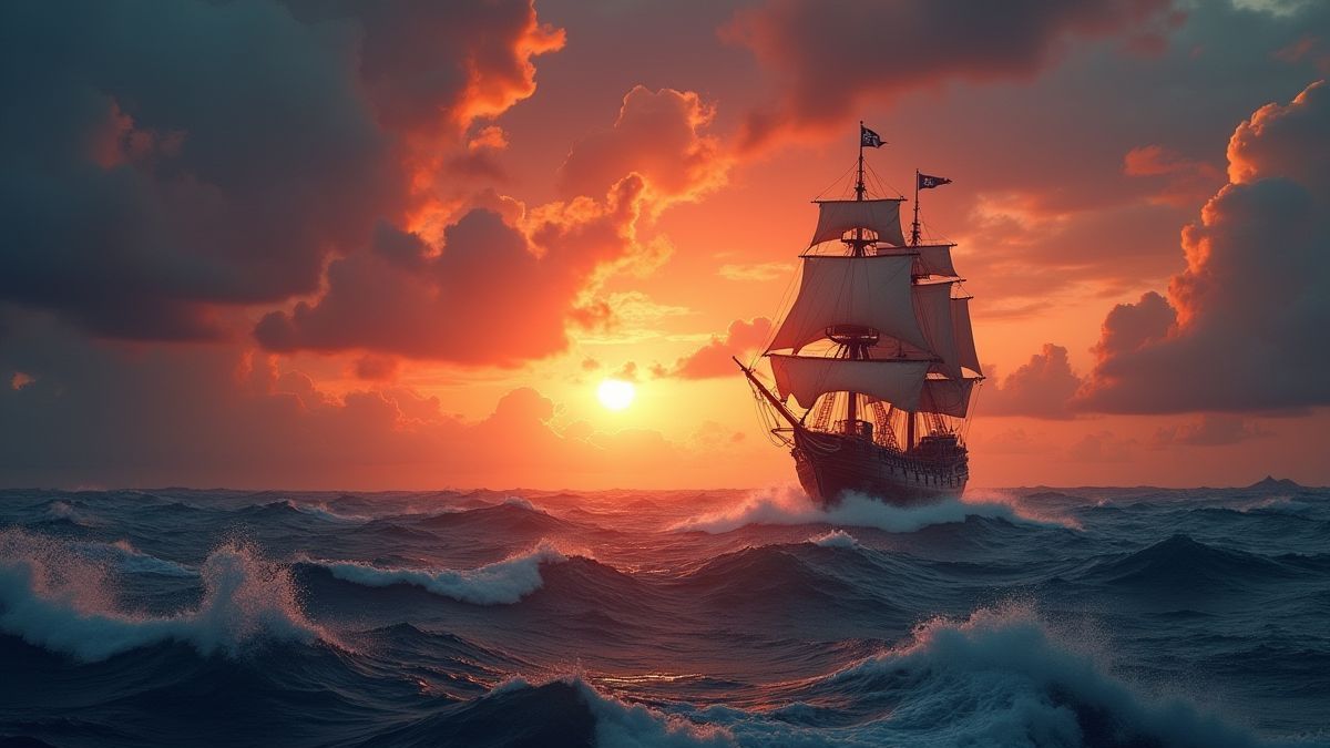 Pirate ship sailing on stormy seas under a dramatic sunset.
