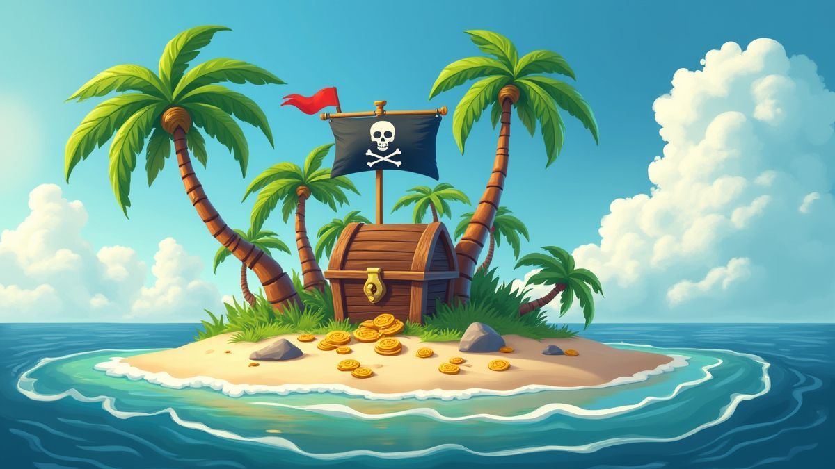 Tropical island with palm trees, gold coins, and a pirate flag.