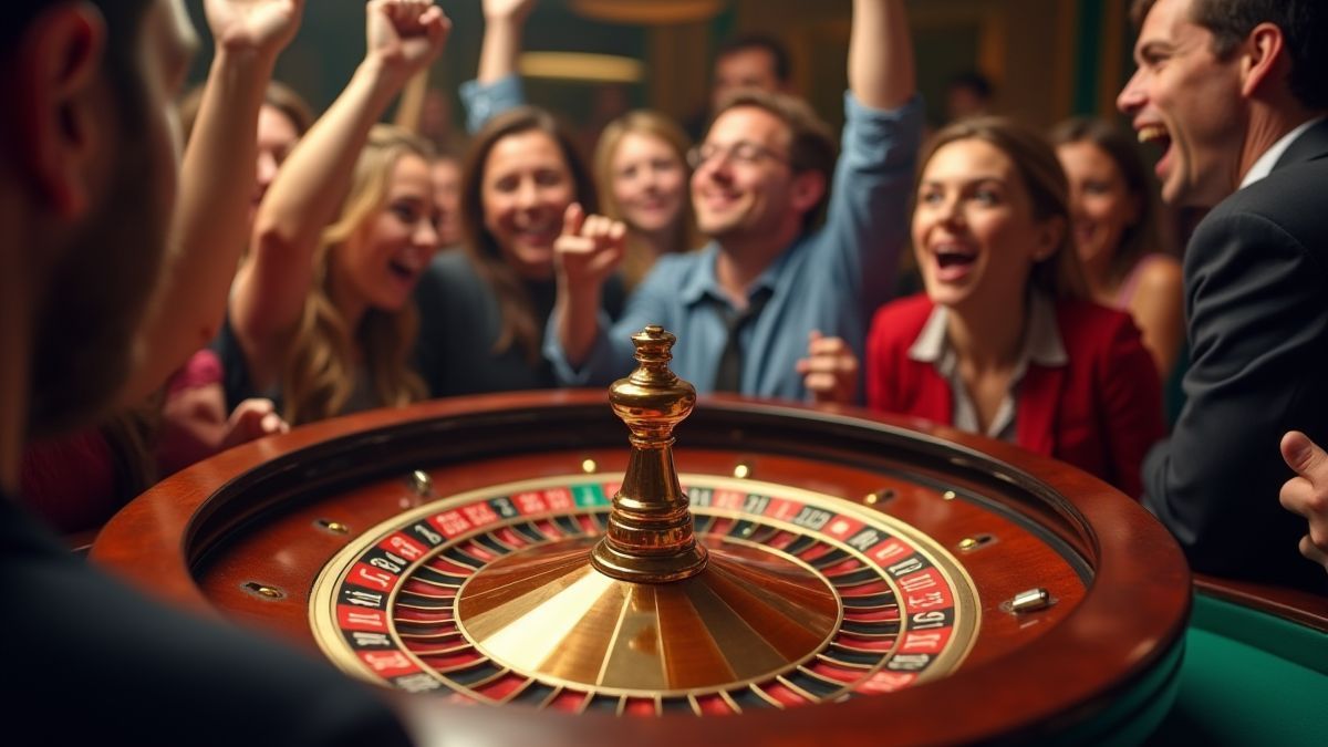 Rueda giratoria de casino con jugadores entusiasmados.