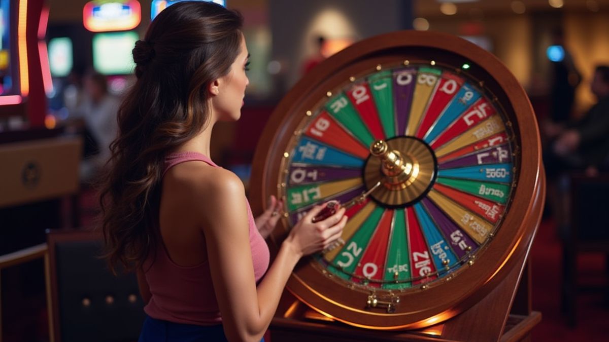 Jugador girando una rueda colorida en un casino.