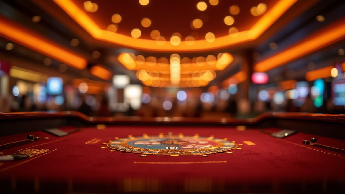 Entorno glamuroso de casino con luces doradas.