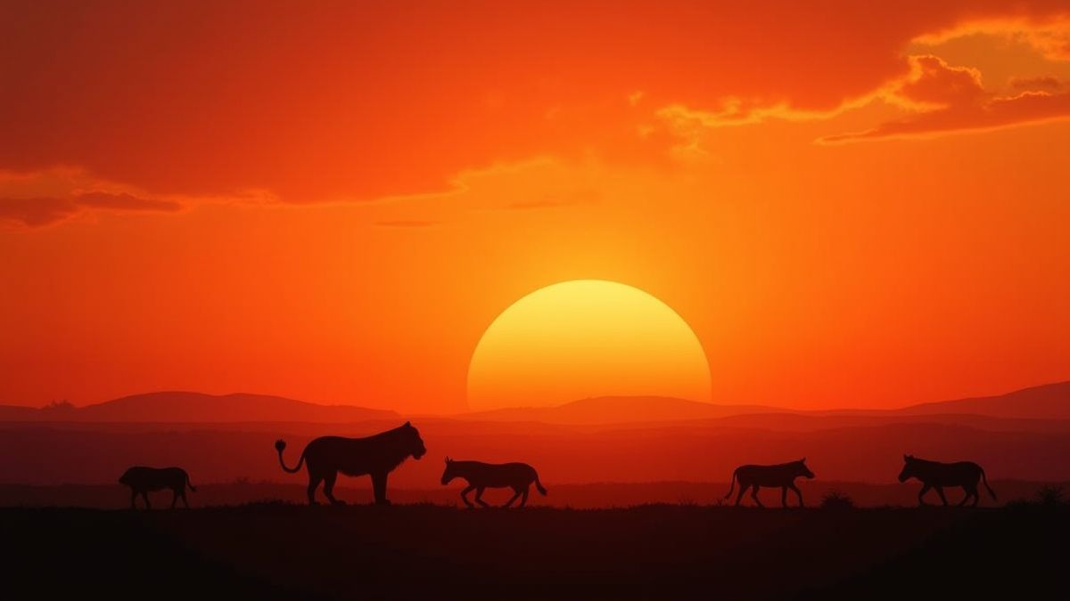 Paisaje de safari africano al atardecer con leones y cebras.