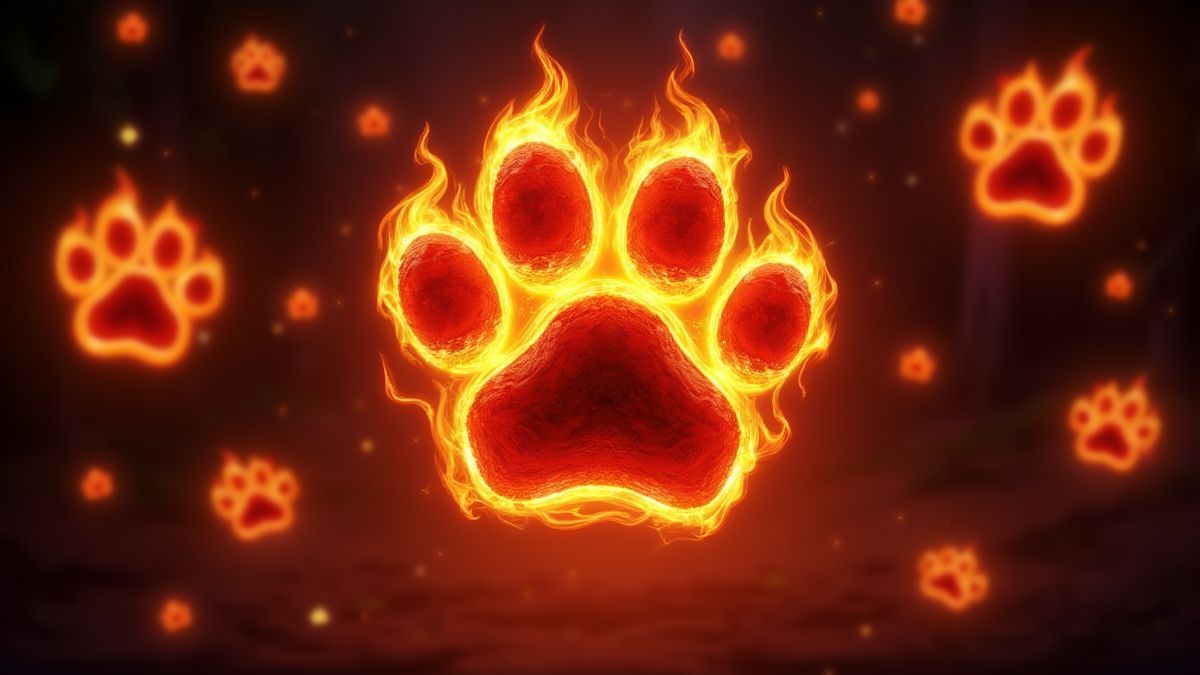 Garra de león ardiente rodeada de símbolos brillantes.