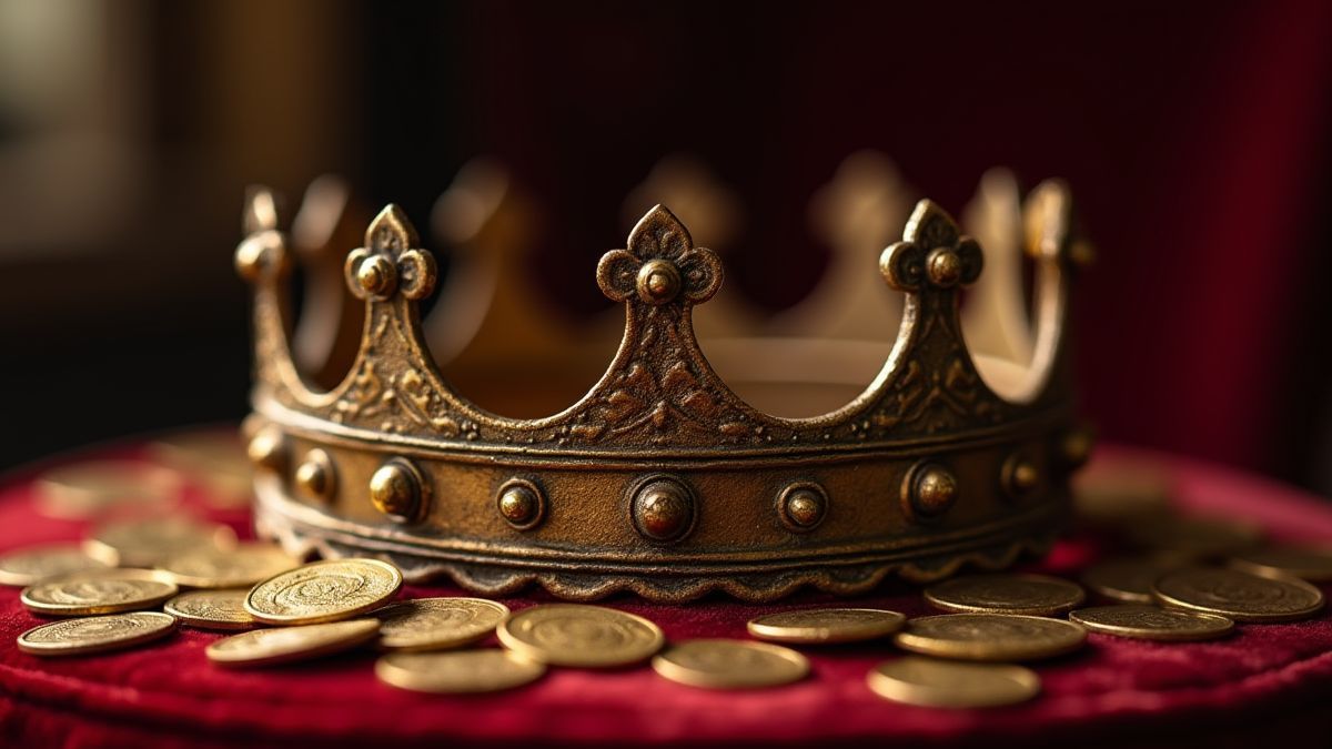 Una corona medieval sobre un cojín de terciopelo rodeada de monedas de oro.