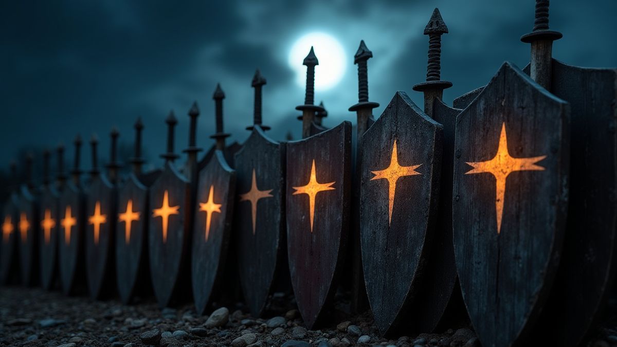 Mittelalterliche Schilde und Schwerter, die im Mondlicht leuchten.