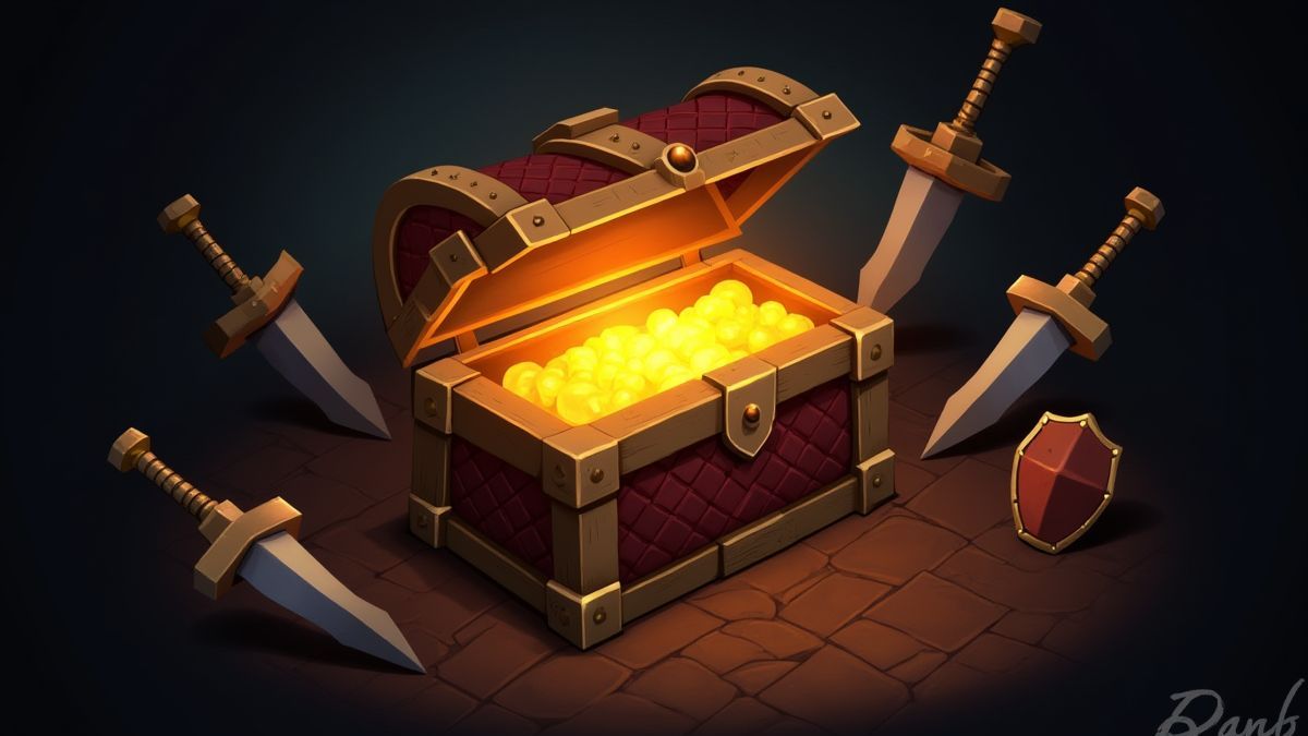 Ein leuchtender Schatztruhe umgeben von Schwertern und Schilden.