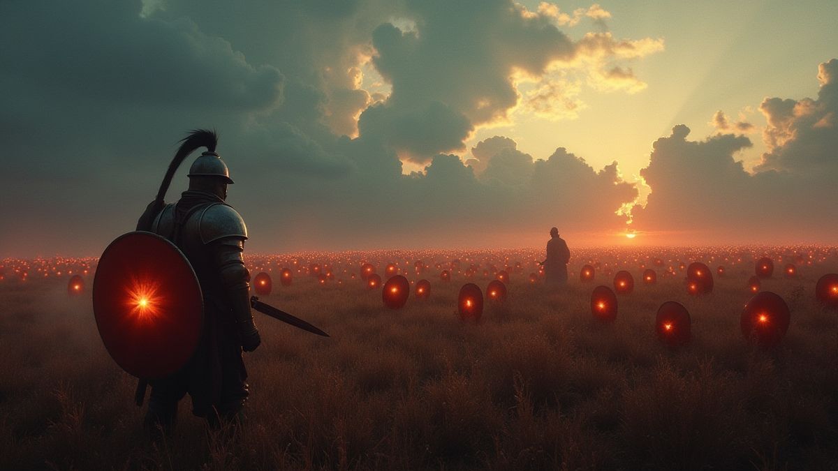 Mittelalterliches Schlachtfeld mit leuchtenden Schilden und dramatischen Himmeln.